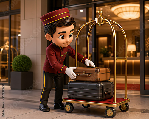 3D Cartoon Hotel Bellhop Loading Suitcases onto Luggage Cart