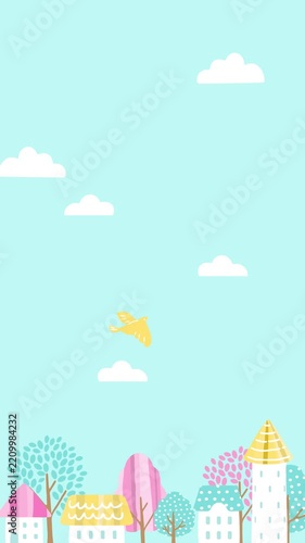 春色の木々と家が動くパステル町並みアニメーション_縦