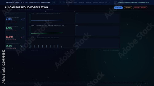 Explore an advanced AI-powered loan portfolio forecasting dashboard that visualizes delinquencies, charge-offs, and expected losses in a sleek dark mode design.