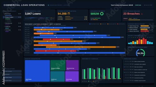 Explore a sophisticated dark-mode commercial loan operations dashboard featuring live financial data, KPI insights, and an intuitive user interface designed for modern financial analysis.