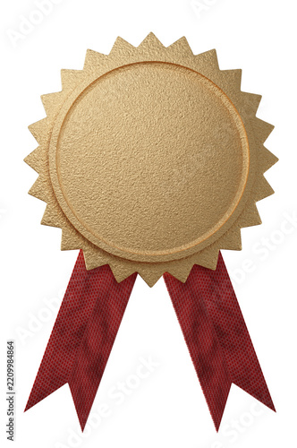 3d render golden metallic award badge with red ribbon isolated on transparent background