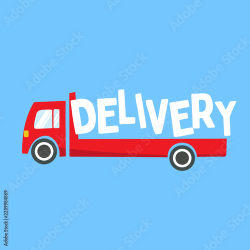 Flat vector illustration of a red delivery truck with delivery text, suitable for shipping, courier services, logistics, online shopping, and business designs.