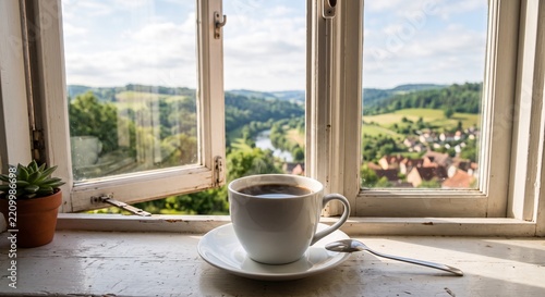 A mug of coffee in front of an open window with a view.