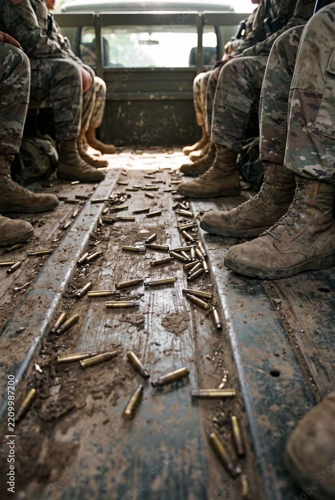 Obraz premium A group of soldiers sit in the back of a dirty military vehicle, surrounded by scattered bullet casings, a stark depiction of conflict and the aftermath of combat.