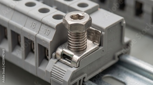 Industrial screw terminal block with metal bolt on a din rail