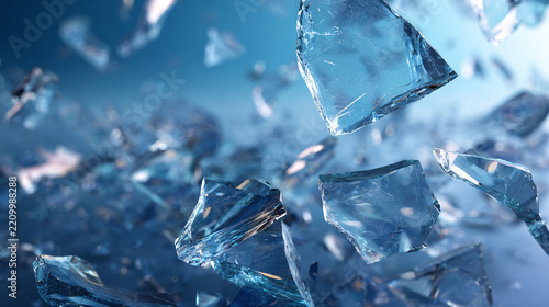 Shattered Glass Fragments Splashing with Blue Light in Dynamic Motion