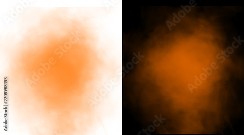 Vibrant orange smoke cloud on white and black backgrounds, atmospheric mist effect for graphic design, ethereal orange fog texture, smoky vapor.