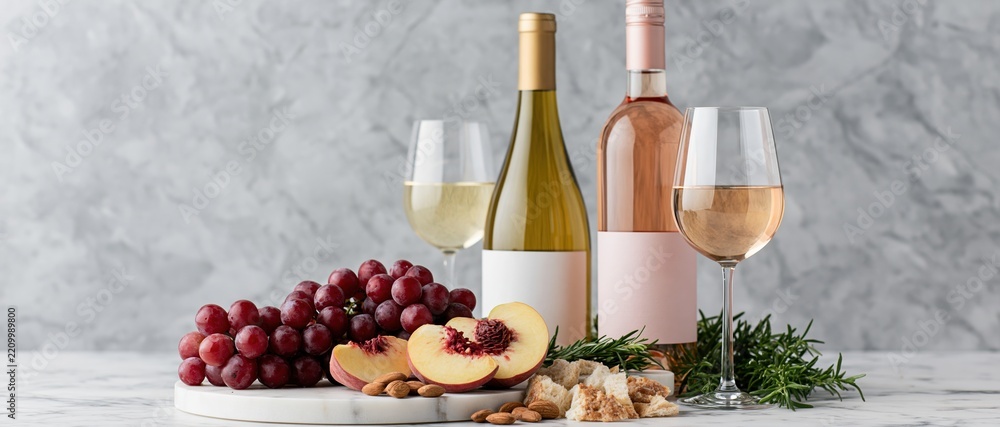 Obraz premium The Wine Bottles with Grapes and Fruit on Marble Surface Still Life