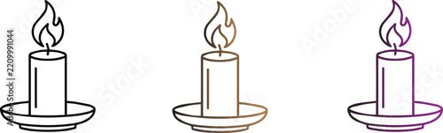 Burning Christmas Candle Icon Set, Line Art Candle in Holder Vector Illustration