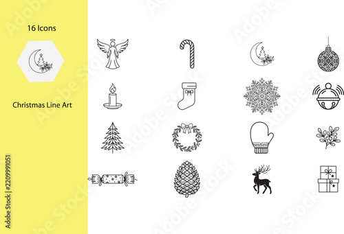 Christmas and Winter Holiday Line Icons Set, Minimalist Black Line Art Vector Collection