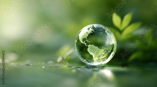 Eco-Friendly Concept with Glass Globe Showing Earth and Green Plant Leaf