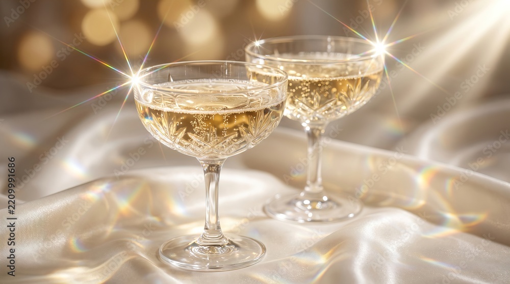 Obraz premium Glamorous close-up of two crystal coupe glasses filled with champagne. Stunning optical refractions, starburst highlights, and rainbow prisms on a light background. Perfect for luxury party concepts