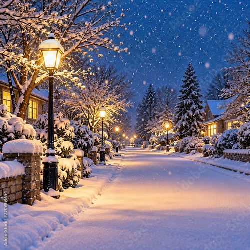 Serene snowy street scene illuminated by warm streetlights at night