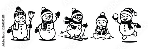 Cute snowman character collection with winter activities including skiing, skating, walking, and relaxing in the snow. Black outline vector illustrations for Christmas, winter holidays, and seasonal.