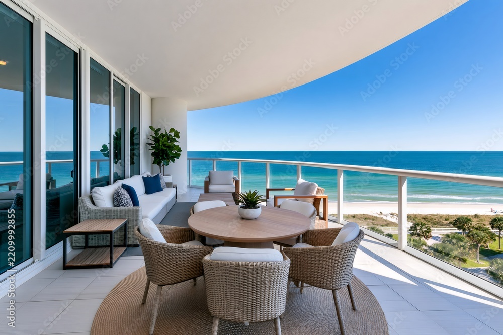 Fototapeta premium Modern balcony furniture with ocean view in Florida