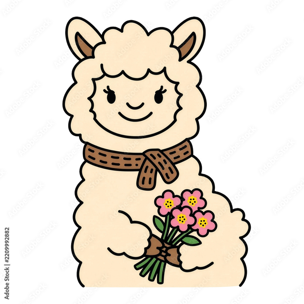 Obraz premium Cute Alpaca Holding a Colorful Flower Bouquet Cartoon Illustration