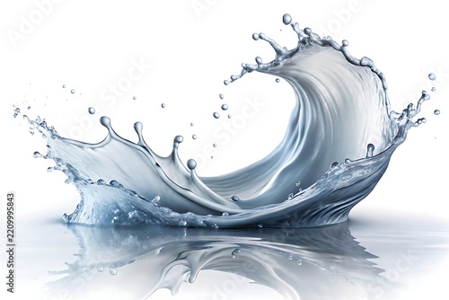 Dynamic clear water splash with droplets and circular wave motion on a white background