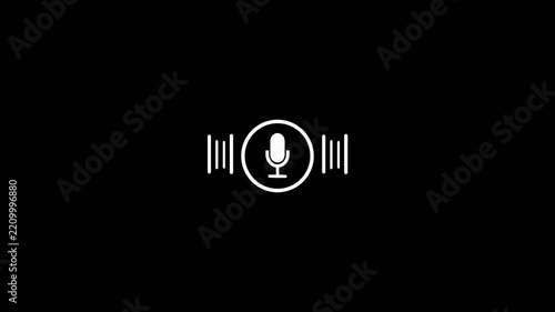 White microphone icon with audio sound waves inside circular design on black background, minimal voice recording symbol for podcast, music, speech, broadcasting and communication