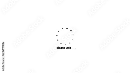 Minimalist dotted loading spinner icon with please wait typography on white background representing system buffering status, website preloader, digital progress bar, software waiting status, and moder