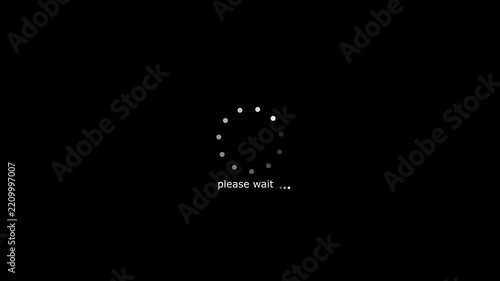 Minimalist dotted loading spinner icon with please wait typography on black background representing system buffering status, website preloader, digital progress bar, software waiting status, and moder