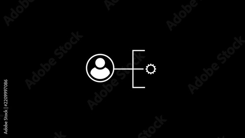 White user profile avatar connected to gear mechanism icon on black background representing dark mode user management, system process control, account settings workflow, automated technical integratio