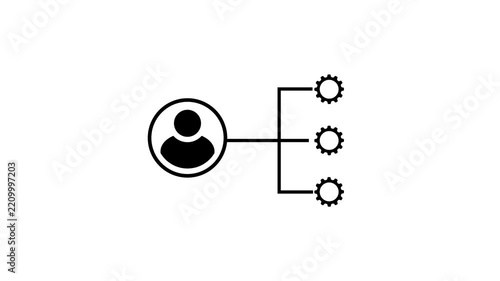 Black user profile avatar connected to gear settings icon on white background representing user management, operational workflow, automated process integration, personal skills structure, organization