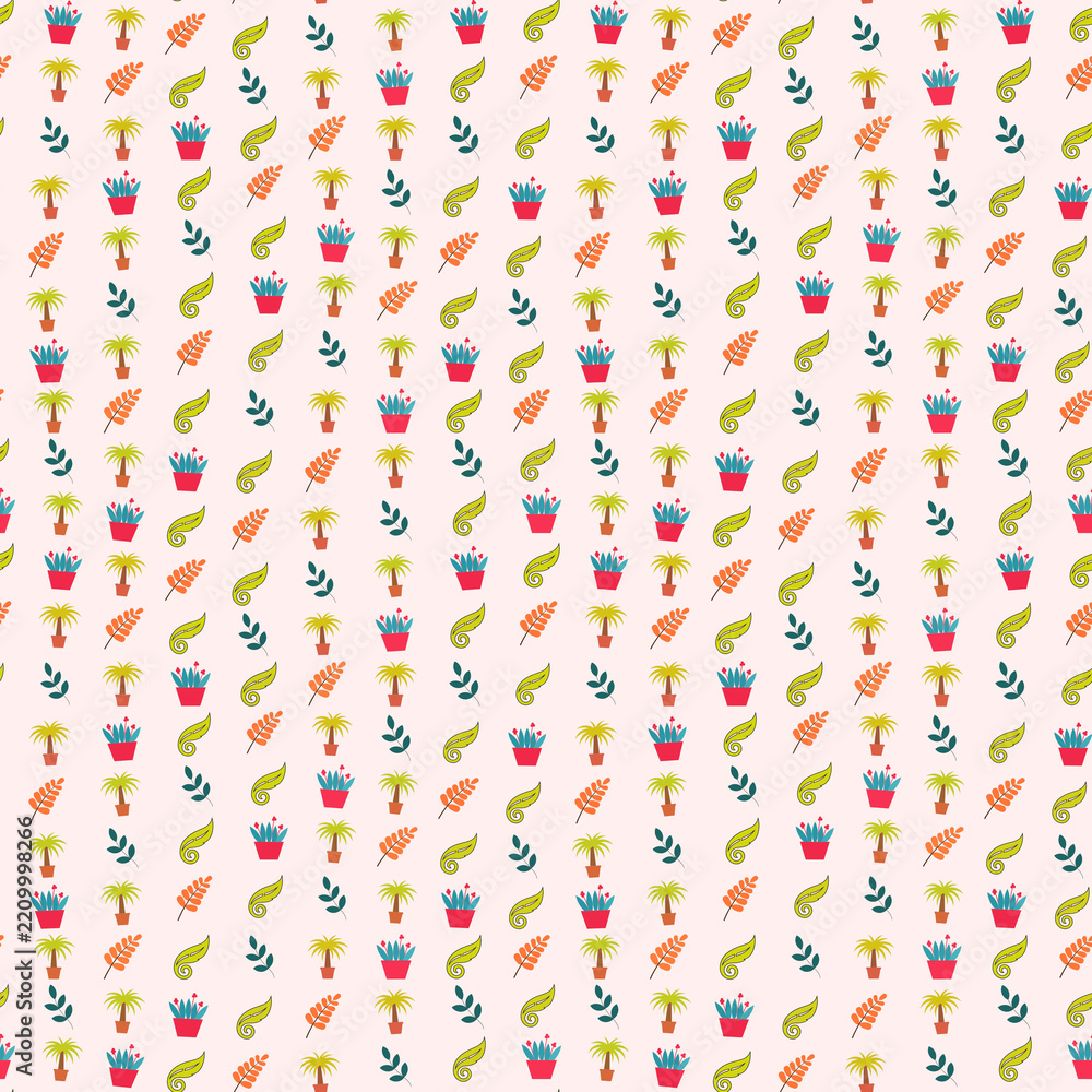 Fototapeta premium Stylized potted plants and leaves pattern