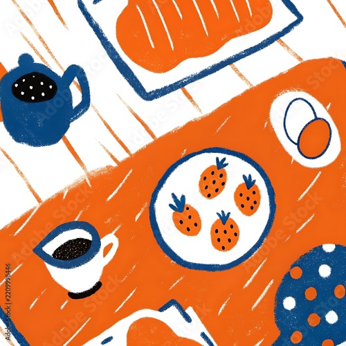 Hand drawn illustration of breakfast table with coffee bread and strawberries image