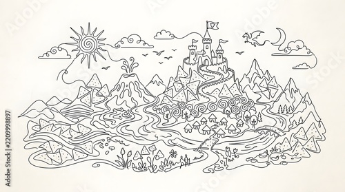 Whimsical Hand-drawn Castle on Mountain Landscape Illustration for Children's Book or Fantasy Theme