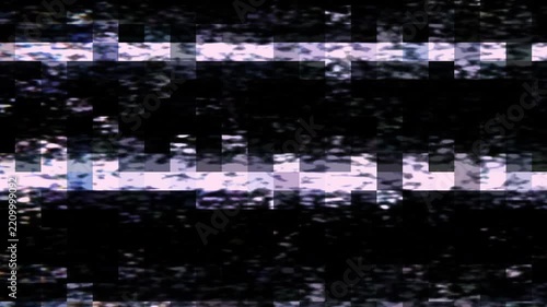 Futuristic VHS scanning distortion overlay with a glitchy mosaic pixel texture