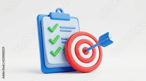 3d render of a clipboard with a checklist and a target with a dart, representing goal achievement and task completion, isolated on white background