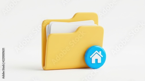 3d icon of a yellow file folder with a blue home symbol isolated on white background