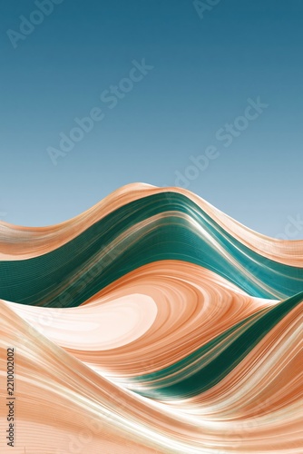 Abstract wave composition in teal and peach tones with flowing layered lines and gradient sky background