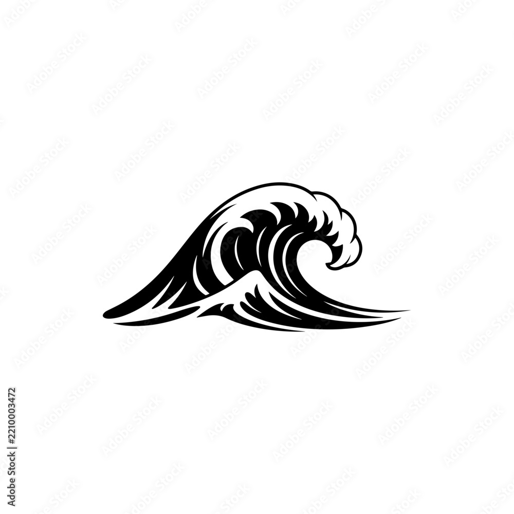 Fototapeta premium A black and white vector illustration of a powerful curling ocean wave. This clean, dynamic silhouette is perfect for surfing, coastal, and environmental branding.
