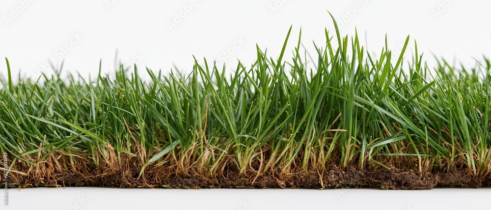 Obraz premium Narrow strip of dense green lawn grass with visible roots and soil on white background