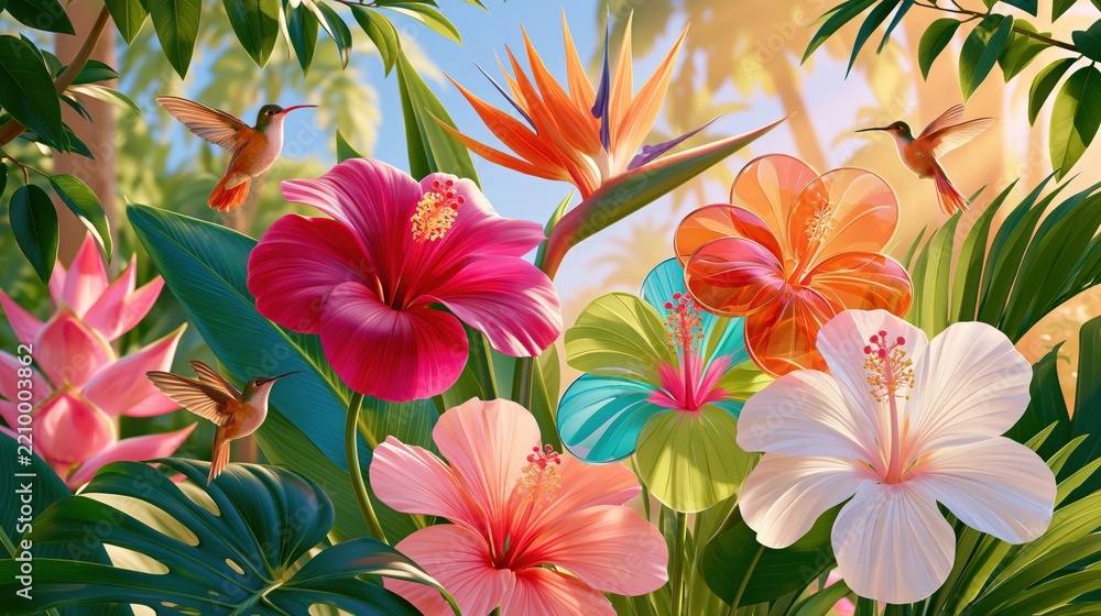 Obraz premium Vibrant tropical flowers including hibiscus and bird of paradise with hummingbirds flying among lush green foliage under warm golden sunlight