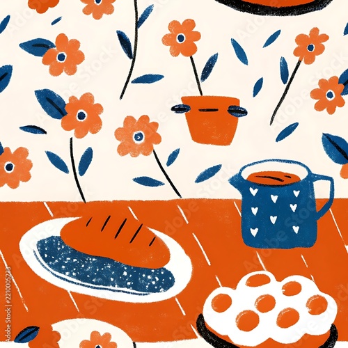 Seamless pattern of breakfast table with bread coffee and flowers in pots image photo