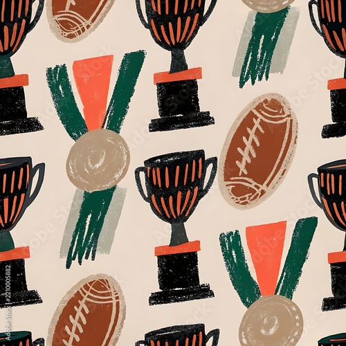 Seamless Pattern with Hand Drawn Trophies Medals and American Footballs on Beige Background