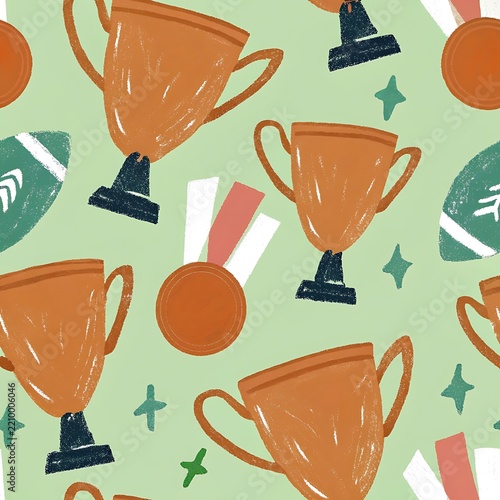 Seamless Pattern with Hand Drawn Trophies Medals and American Footballs on Green Background