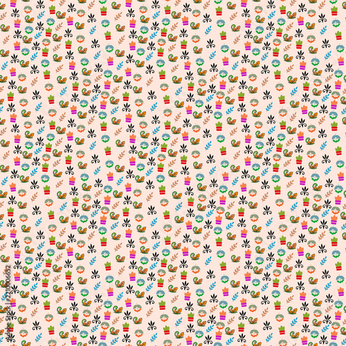 Potted plants and floral elements seamless pattern