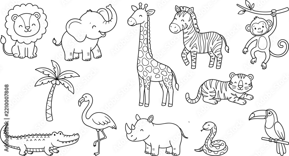 Obraz premium Vector line art icon set of cute safari animals featuring lion elephant giraffe zebra monkey tiger and crocodile isolated on white background
