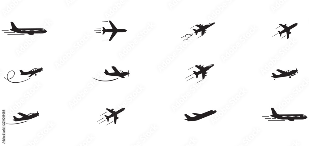 Fototapeta premium Airplane flight icons collection displaying aviation silhouettes for travel tourism transportation logistics air cargo service design.