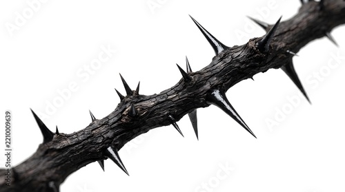 Isolated Macro Detail of Gnarled Black Thorny Branch on Pure White Background - Gothic Prop