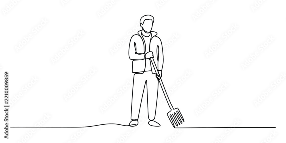 Fototapeta premium Continuous line drawing of a man raking leaves in the garden