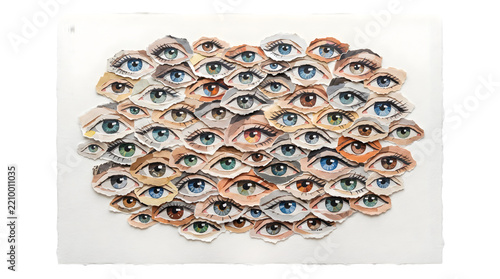 Collage of many different human eyes with various iris colors isolated on transparent background