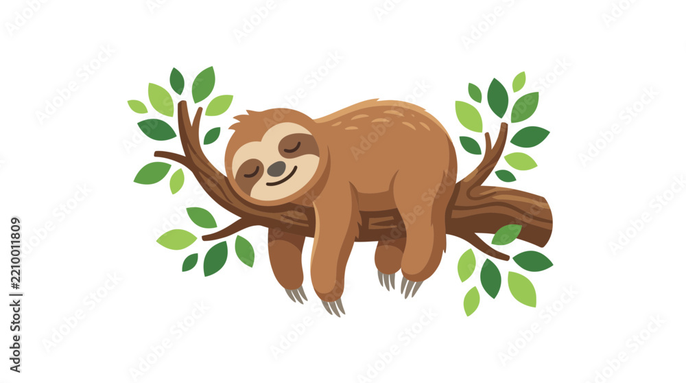 Obraz premium Adorable Cartoon Sloth Sleeping Peacefully on a Tree Branch Illustration