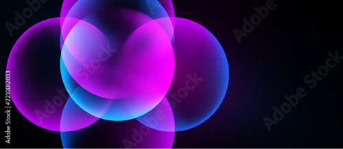 Abstract circles overlap, creating vibrant magenta, cyan hues. Dark background emphasizes glowing shapes, smooth gradients present.