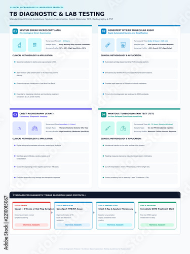A comprehensive flowchart explaining the systematic procedure for the clinical identification and detection of mycobacterium tuberculosis pathogens through standardized laboratory diagnostic meth