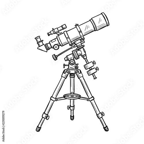 Fotografie Vintage telescope sketch on tripod features detailed astronomical lens and eyepiece components designed for stargazing and scientific exploration observations