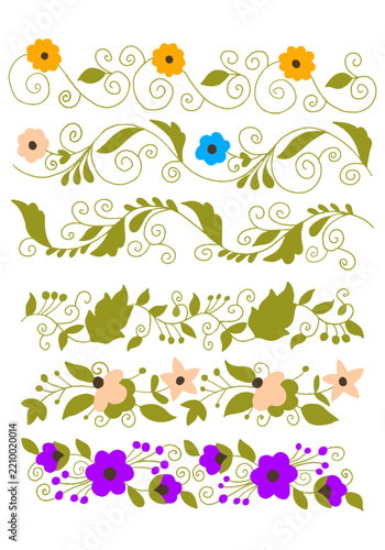Hand Drawn Colorful Floral Borders and Leaf Swirl Dividers Vector Collection